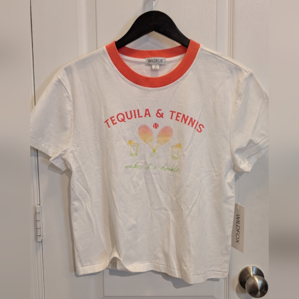 Wildfox “Tequila & Tennis” Janie Graphic Tee, NWT, White & Orange. Size Small